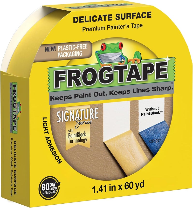 FrogTape Delicate Surface Painters Tape with PAINTBLOCK, 1.5 Inch Wide (1.41 In. x 60 Yds), Low Adhesion, Ideal for Freshly Painted Walls, Trim & Surfaces, Yellow, 1 Roll (280221) - Image 1